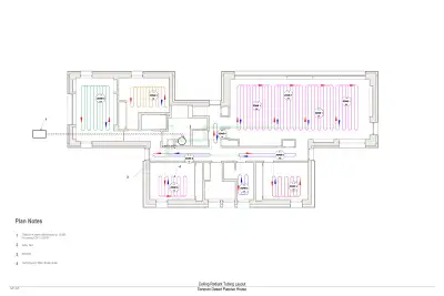 Figure 5b illustrates the ceiling radiant tubing system and layout.