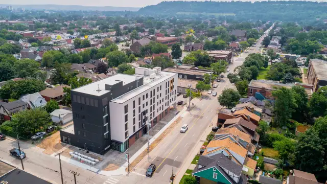 The Putman Family YWCA Passive House    Aerial of the YWCA buildings surrounding neighbourhood