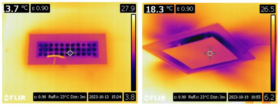 Figure 7: Image (right) showing surface temperatures well above the dewpoint for induction-based supply air diffusers (right) and below the dewpoint for radially distributing supply air diffusers (left)